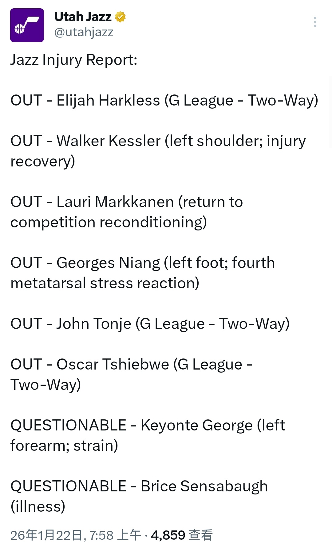 爵士队伤病报告：缺席：凯斯勒（左肩；伤病恢复中）马尔卡宁（恢复比赛状态调整中）乔