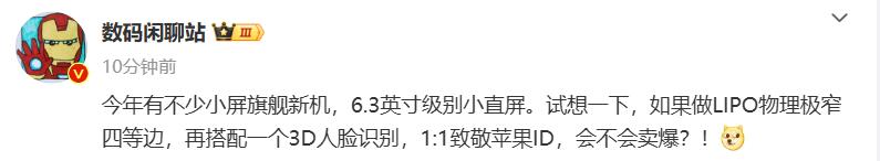 站哥爆料：“今年有不少小屏旗舰新机，6.3英寸级别小直屏。试想一下，如果做LIP