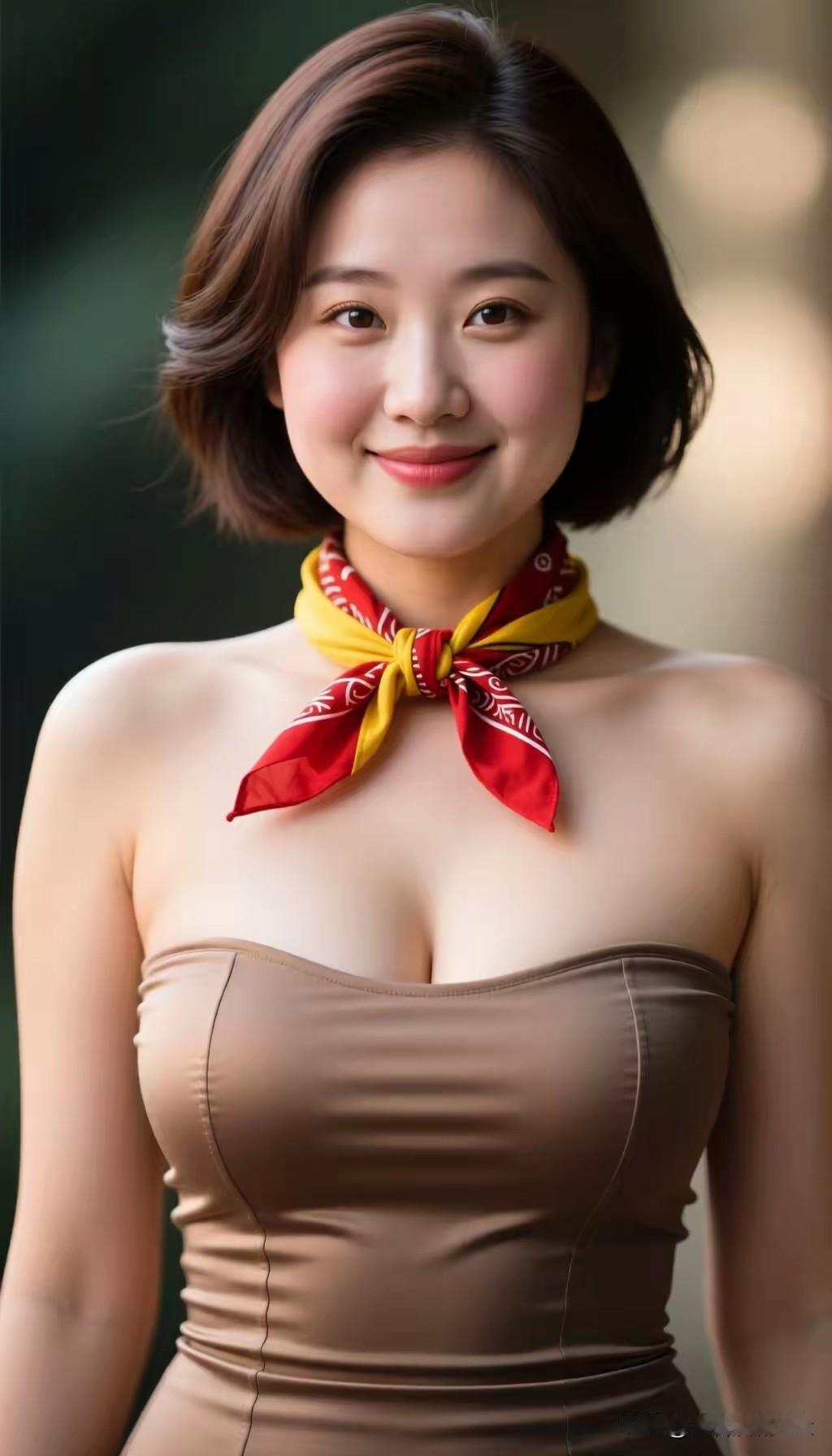 行香子·夏风柔
 
短发轻扬，笑靥生光。
抹胸裁就暖棕香。
丝巾红映，黄带萦旁。