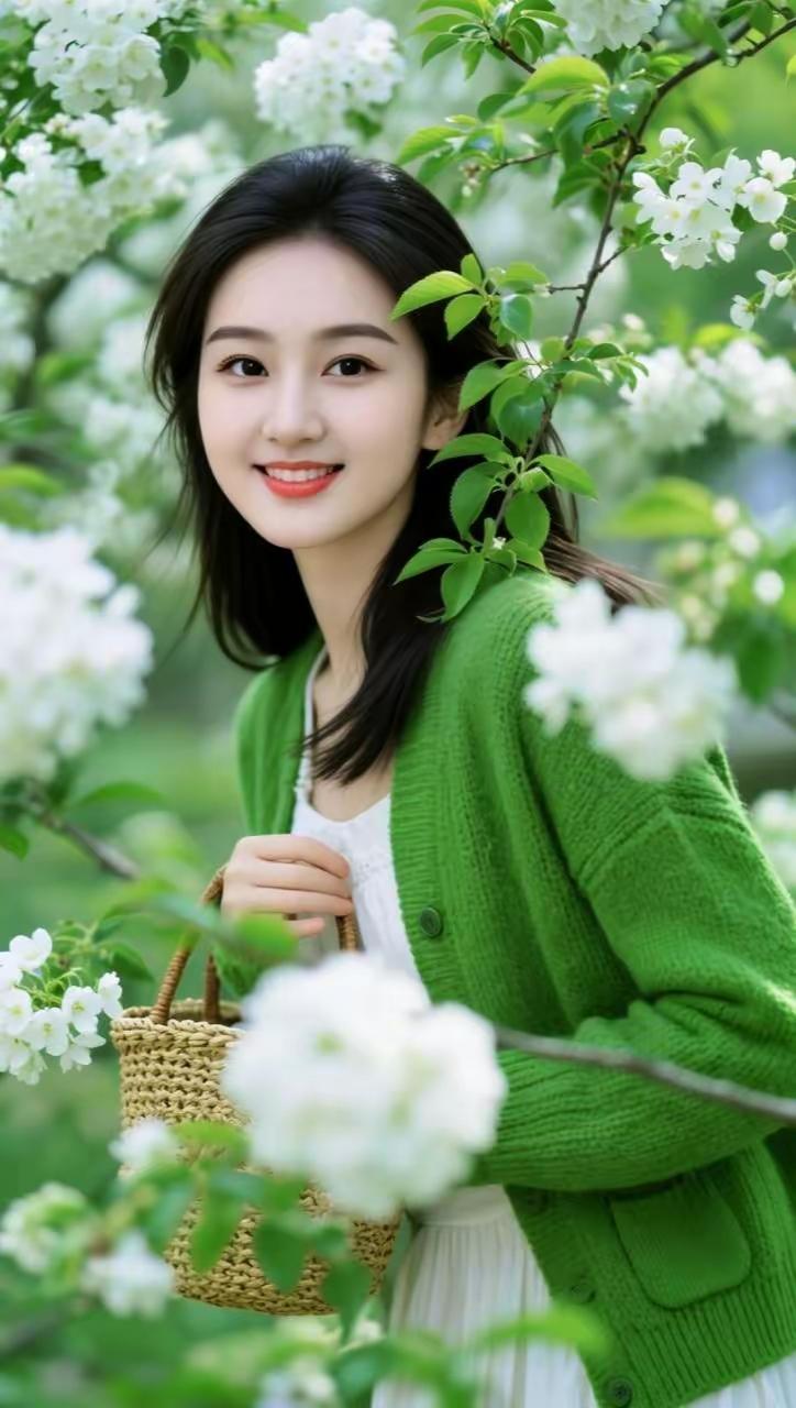 春日花海中的甜美少女，手提编织篮，笑靥如花。