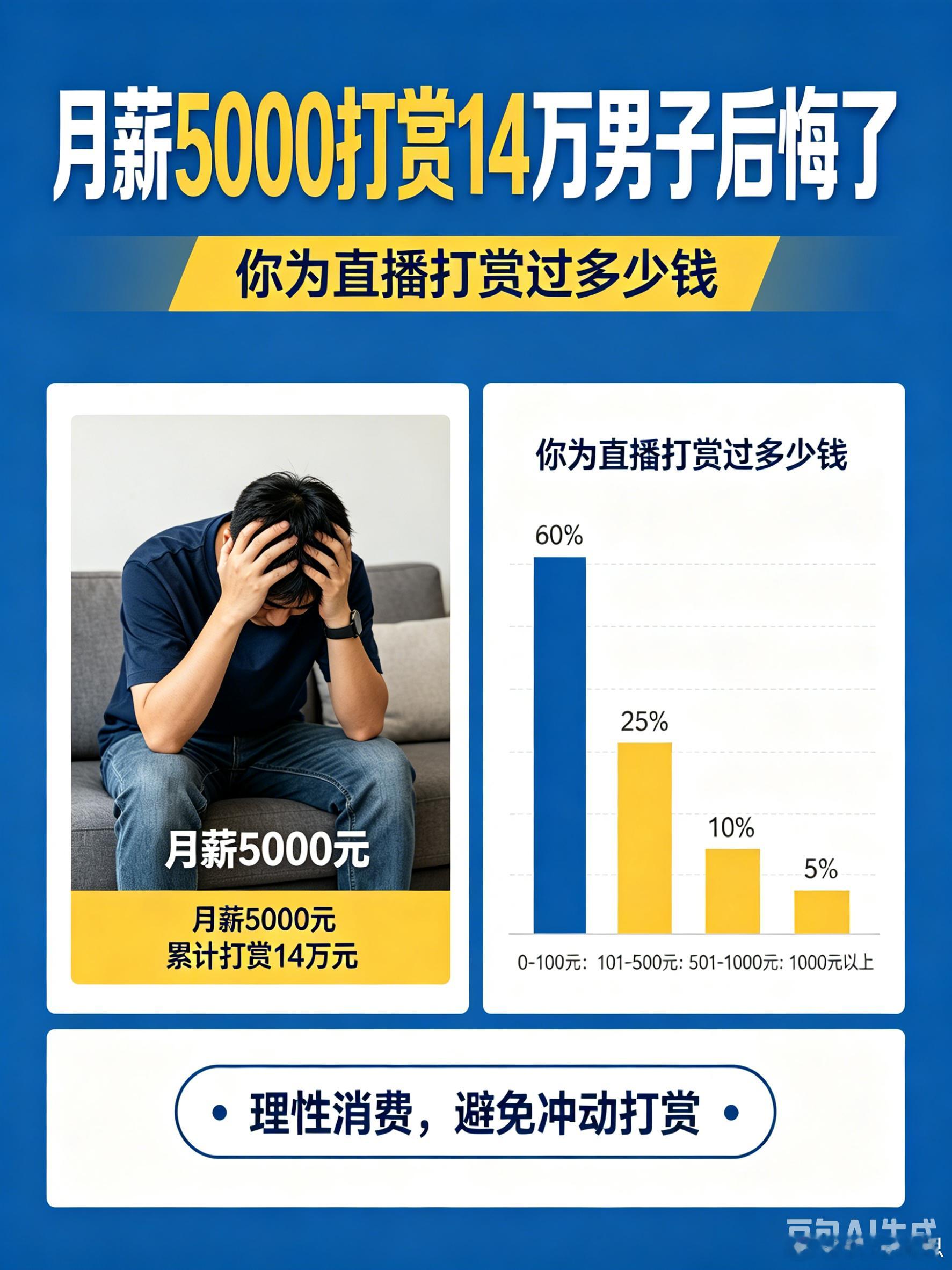 月薪5000打赏14万男子后悔了你为直播打赏过多少钱 近日，河南平顶山一名37岁
