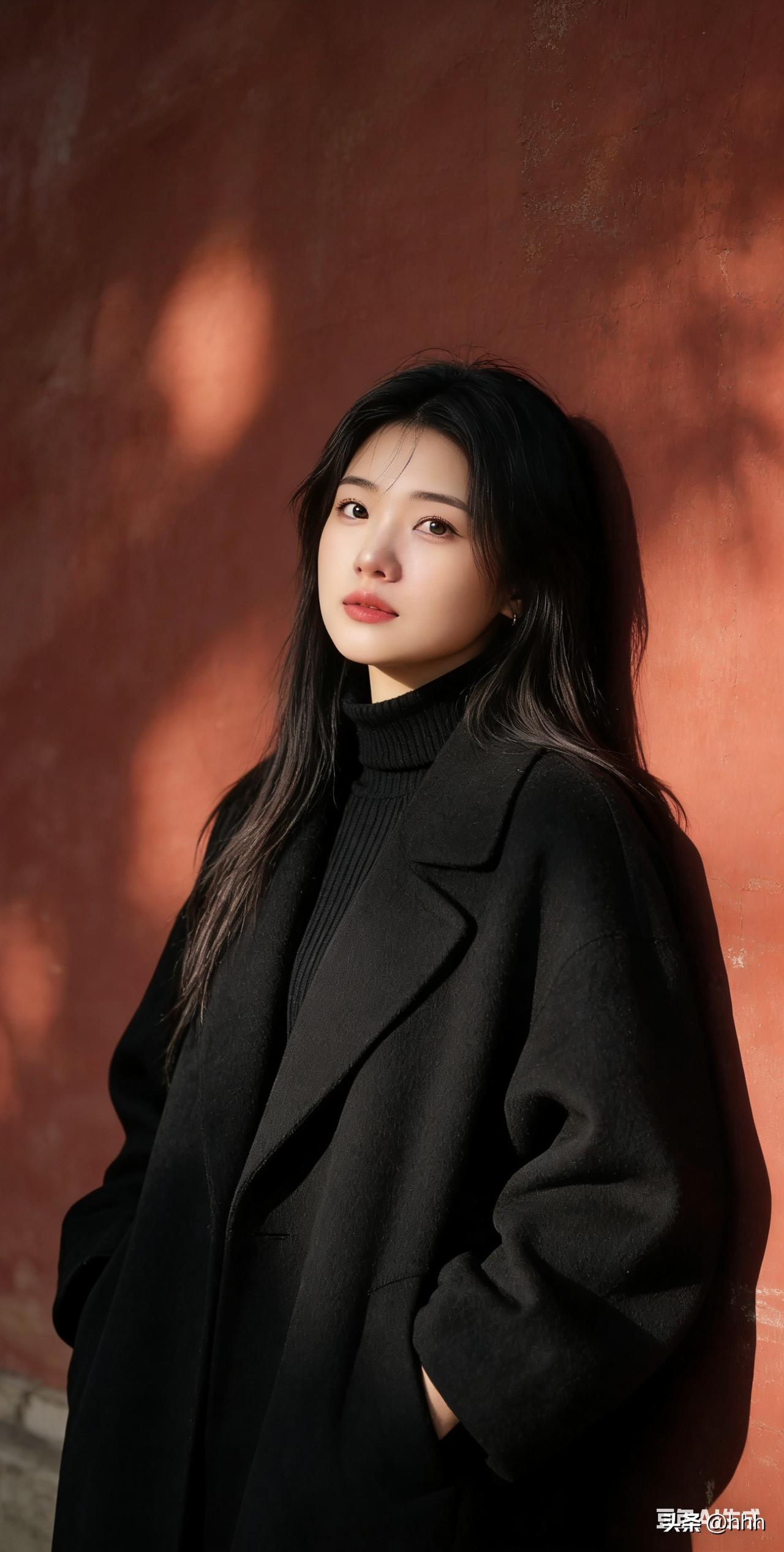 冬日暖阳下的黑衣少女，沉静而优雅。