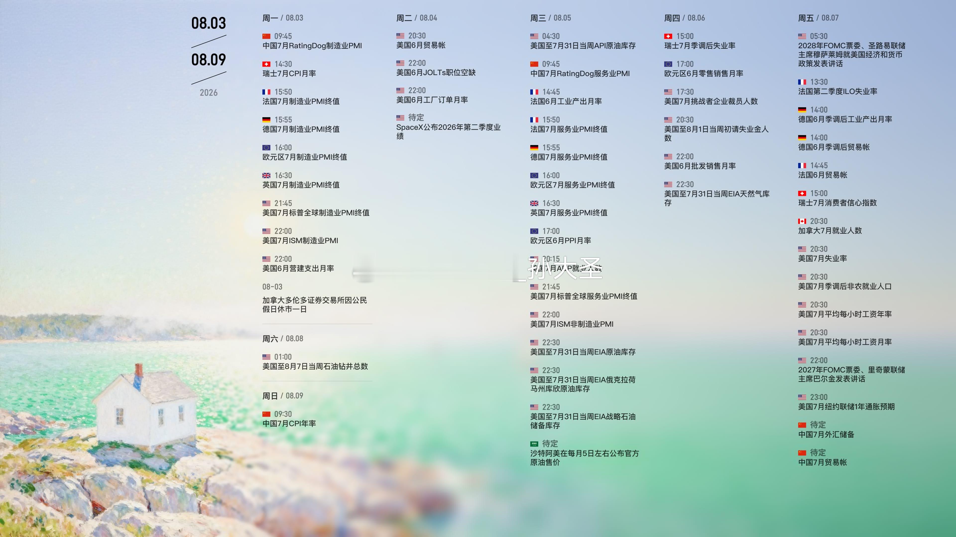 【08.03-08.09｜本周数据日历重点】✅周一 08.03：欧美制造业 PM