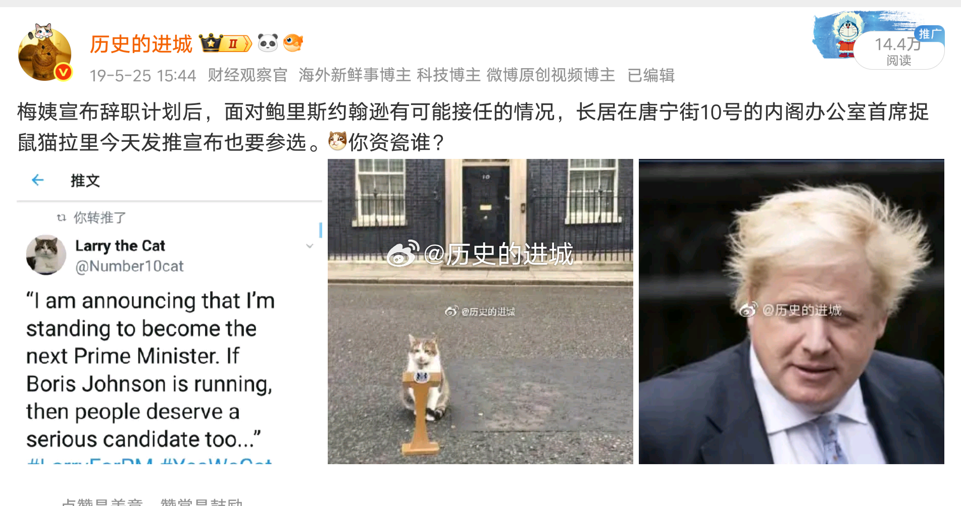 从最早的卡梅伦开始，在过去近10年里，长期居住在首相官邸的英国首席捕鼠官猫拉里，