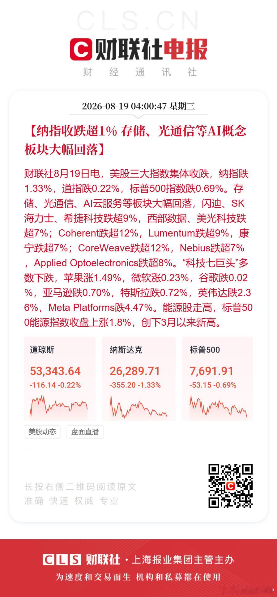 美股存储光通信大幅回落闪迪海力士跌超9%【纳指收跌超1% 存储、光通信等AI概念