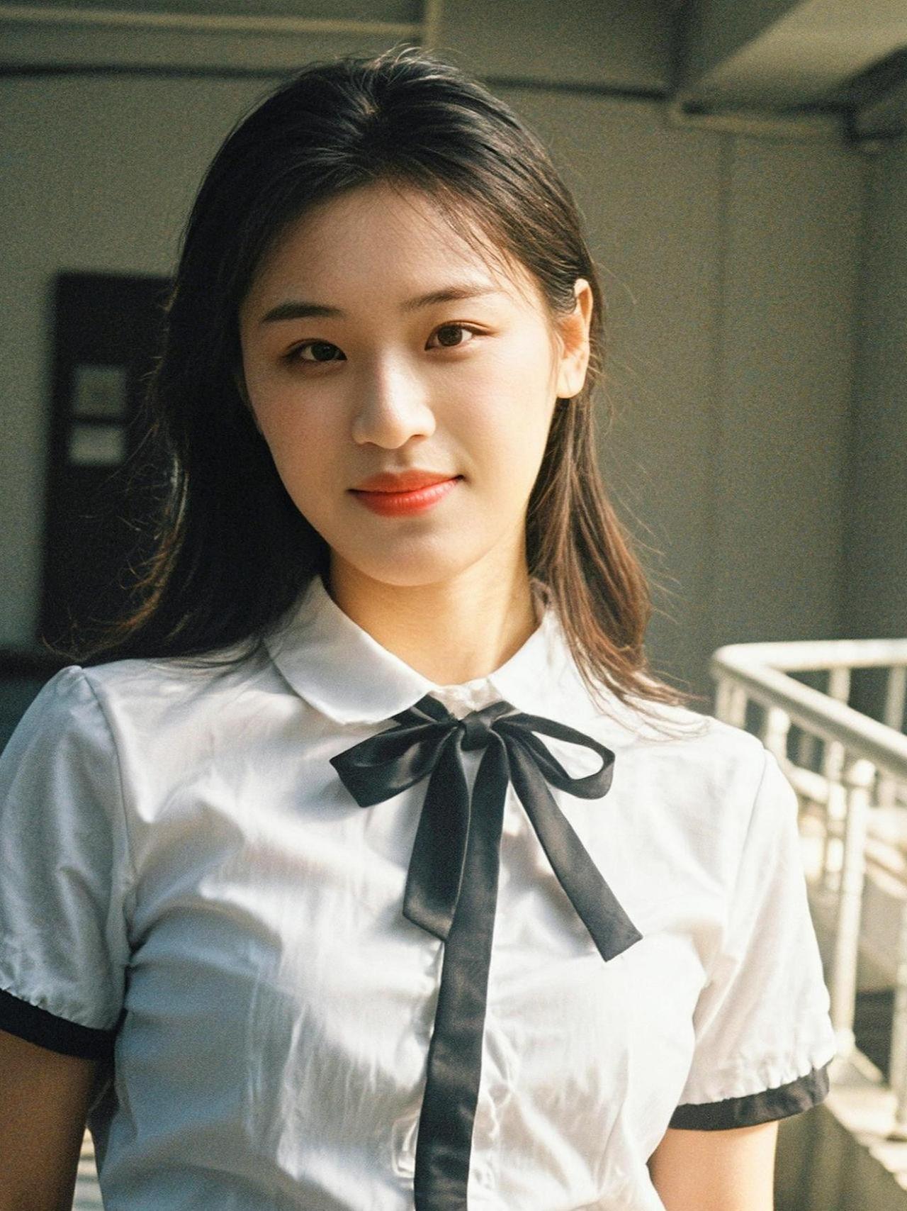 青春的校园里，阳光透过树叶洒在她的肩头，仿佛时间都慢了下来。那条简单的领结，是少