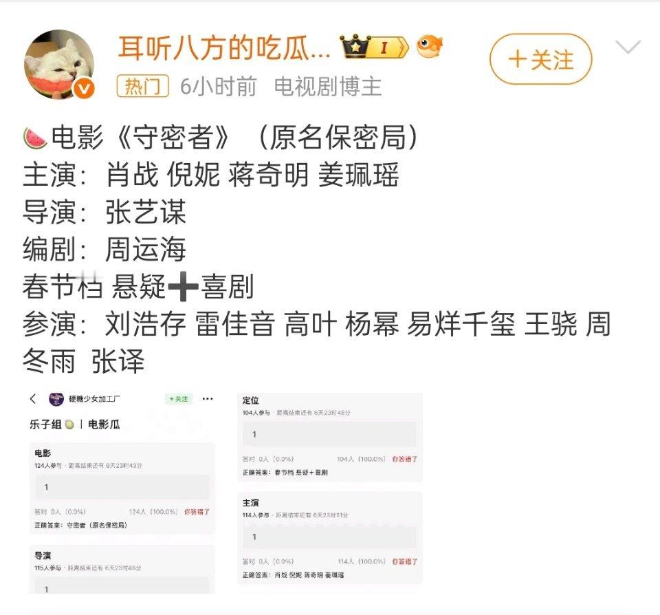 张艺谋电影 肖战瓜主爆出了电影《守密者》的疑似阵容，肖战排在第一个，整个期待住了