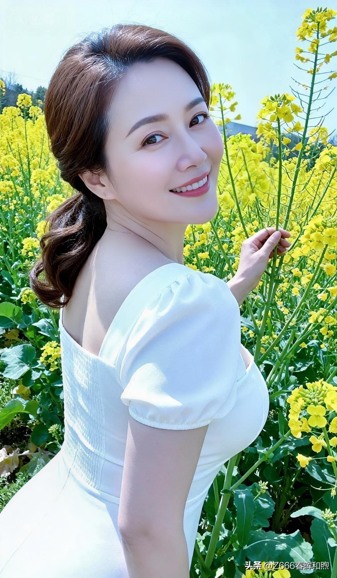素白裙装立于金黄花田，微卷秀发轻挽，回眸浅笑，明媚温婉尽显自然之美。