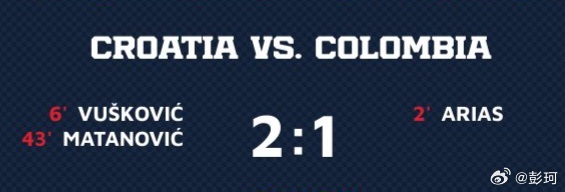 克罗地亚在友谊赛中2比1战胜哥伦比亚，武什科维奇在第6分钟远射扳平比分，马塔诺维