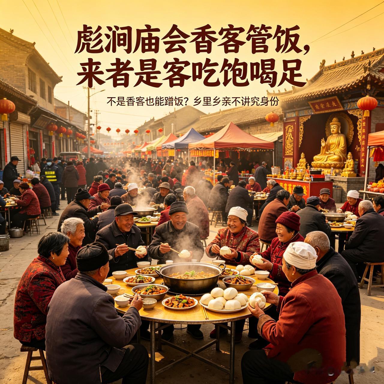 庙会管饭太实在，赶会的能蹭不？
 
彪涧庙会太热闹了，香客管饭，支了二十桌，成百