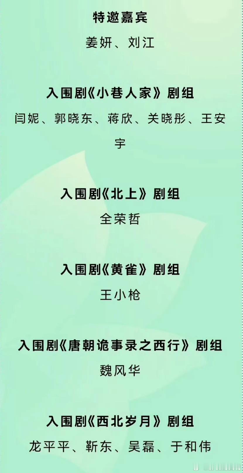 白玉兰颁奖礼嘉宾名单，被提名的人都来了[抱一抱]小巷人家剧组：闫妮、郭晓东、蒋欣