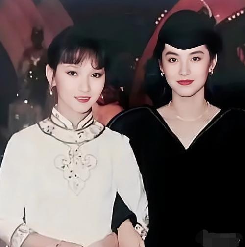 赵雅芝林青霞年轻时的一张合影，赵雅芝身着白色刺绣旗袍，挽起发髻，妆容素雅，尽显东