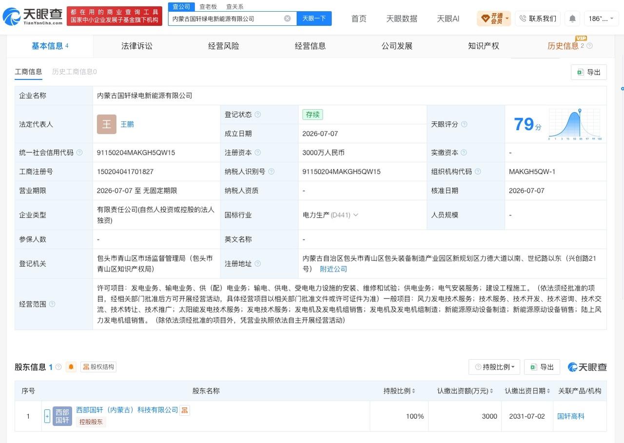 国轩高科在内蒙古成立新公司

天眼查App显示，7月7日，内蒙古国轩绿电新能源有
