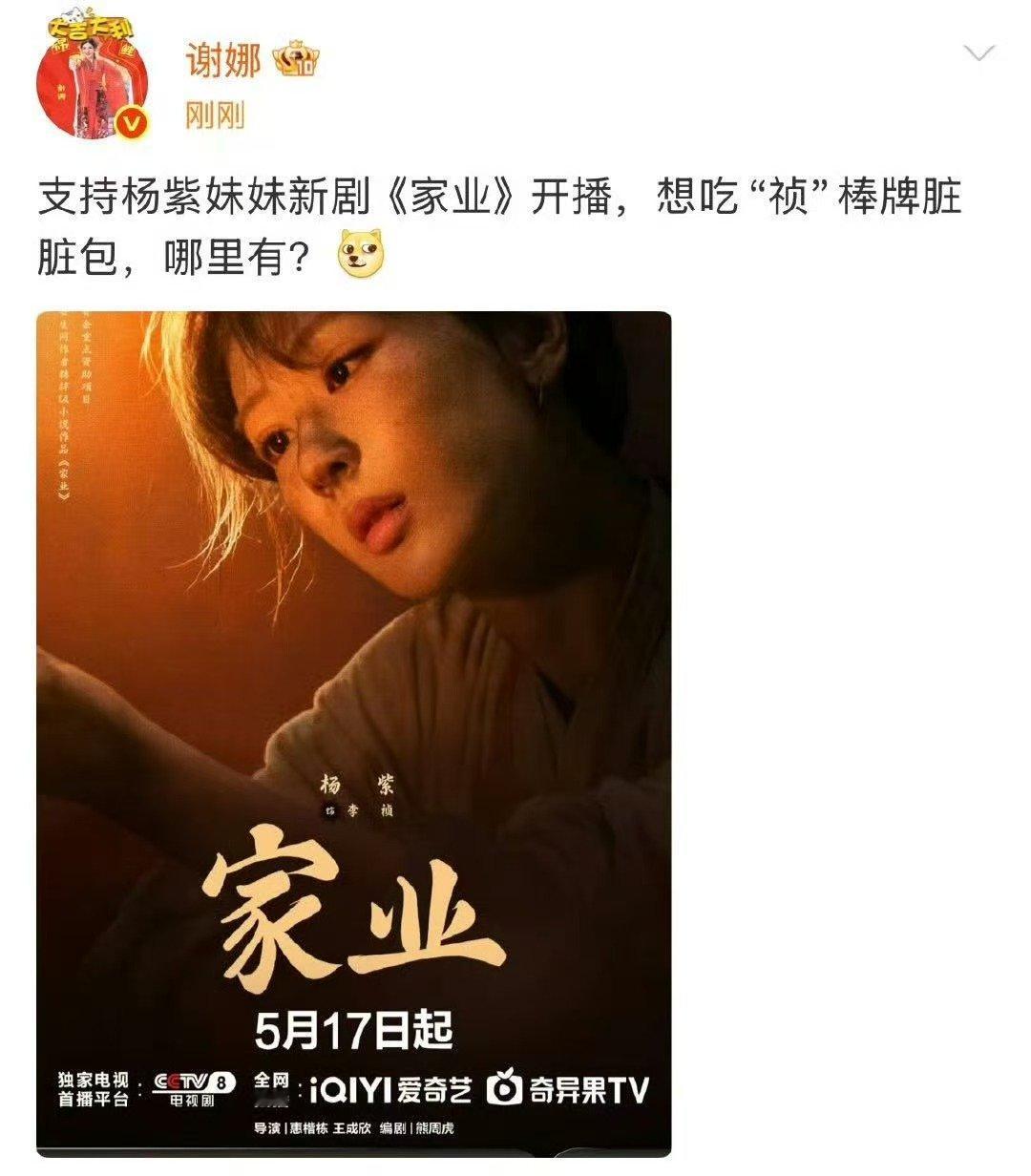 谢娜发博支持家业 好耶 