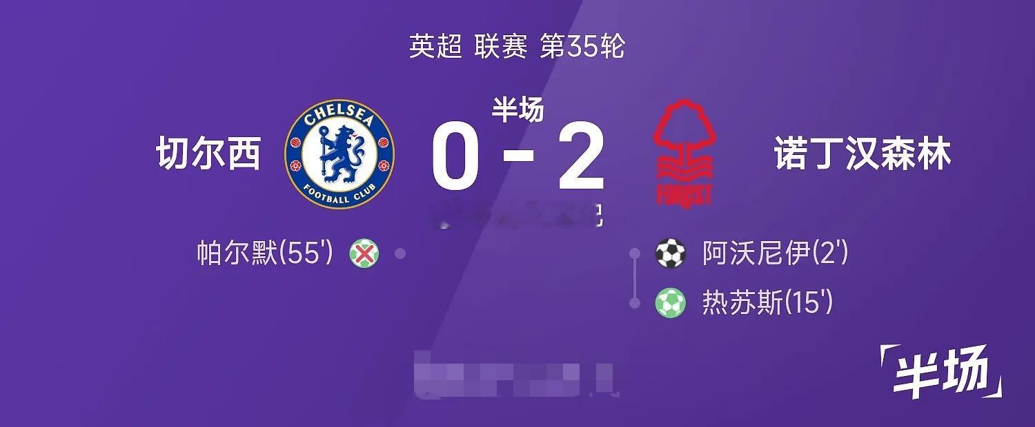 英超半场：阿沃尼伊闪击，帕尔默失点，森林2-0切尔西05月04日讯 25/26赛