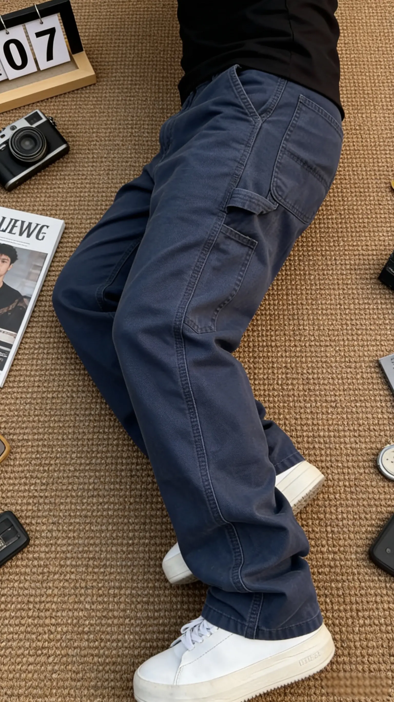 重磅水洗蓝色法工裤美式复古百搭直筒伐木工装休闲裤潮