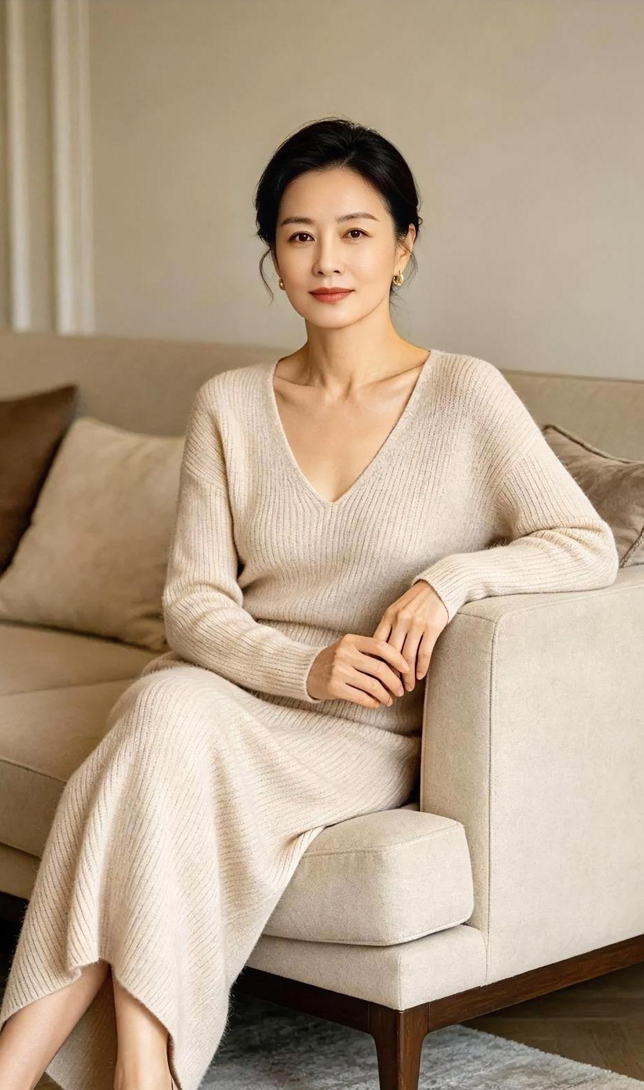 《<米色时光的静美>》

米色针织，包裹岁月温存，

V领长裙，勾勒从容气韵。