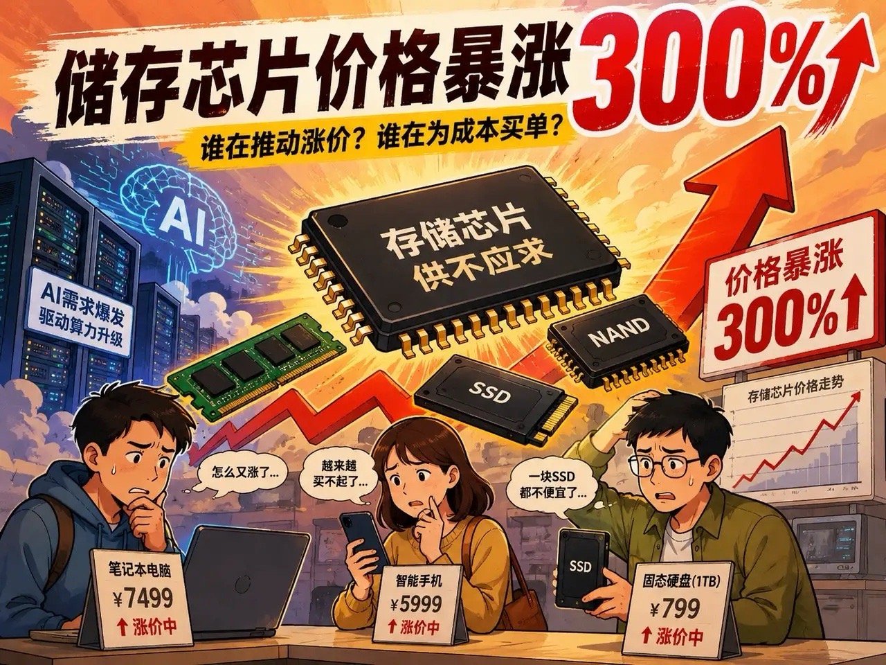 存储芯片价格暴涨超300%存储芯片涨价，涨出来的是成本压力，也照出了全球科技竞争