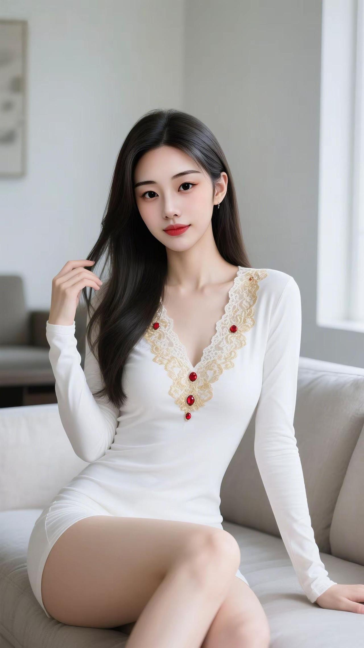 一袭白纱蕾丝，勾勒出温柔又精致的轮廓，金线与红宝点缀，自带清冷贵气感。眉眼温婉，