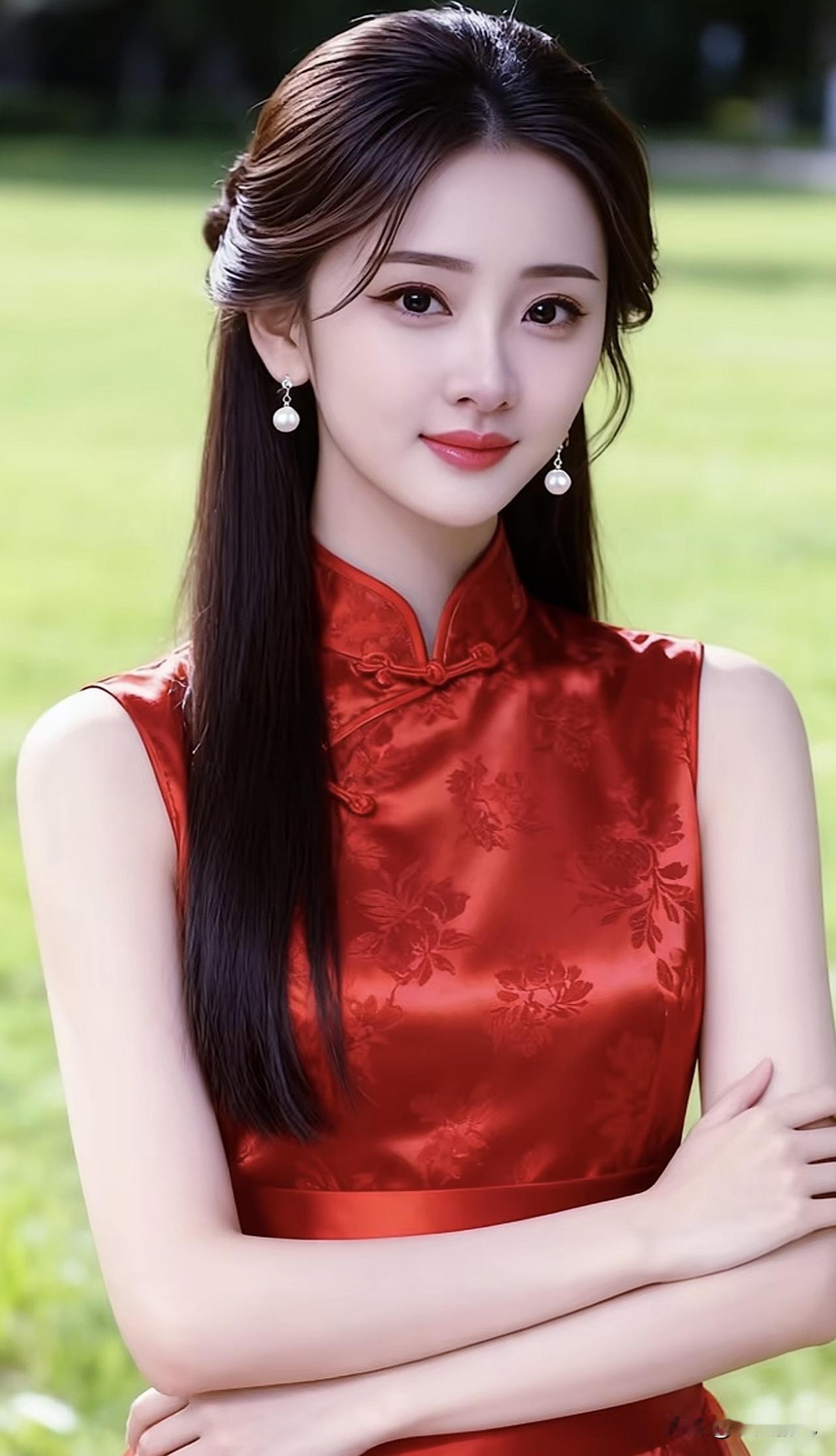 红衣美人倚绿草，玉佩轻摇映日红。紫裙倚坐 红衣女拍照 绿裙美人 红衣女拍照 绿裙