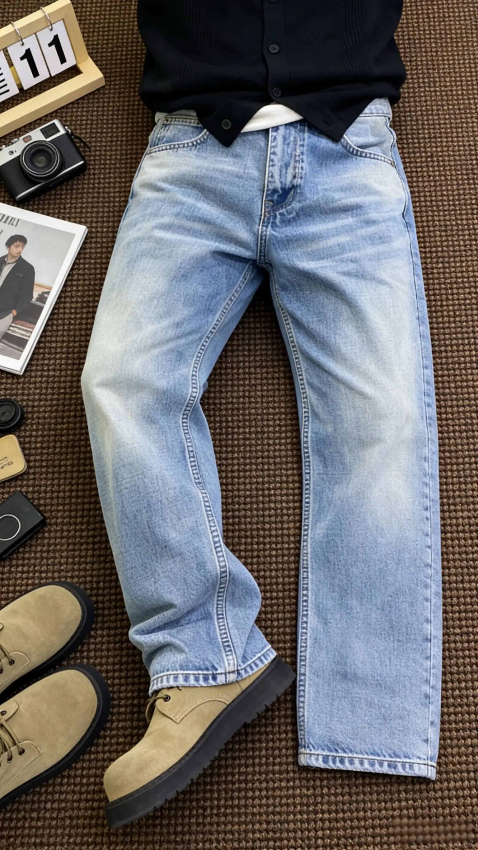 谁能拒绝这款春季水洗浅蓝色纯棉质感牛仔裤中直筒微宽松松弛感高级感痞帅长裤