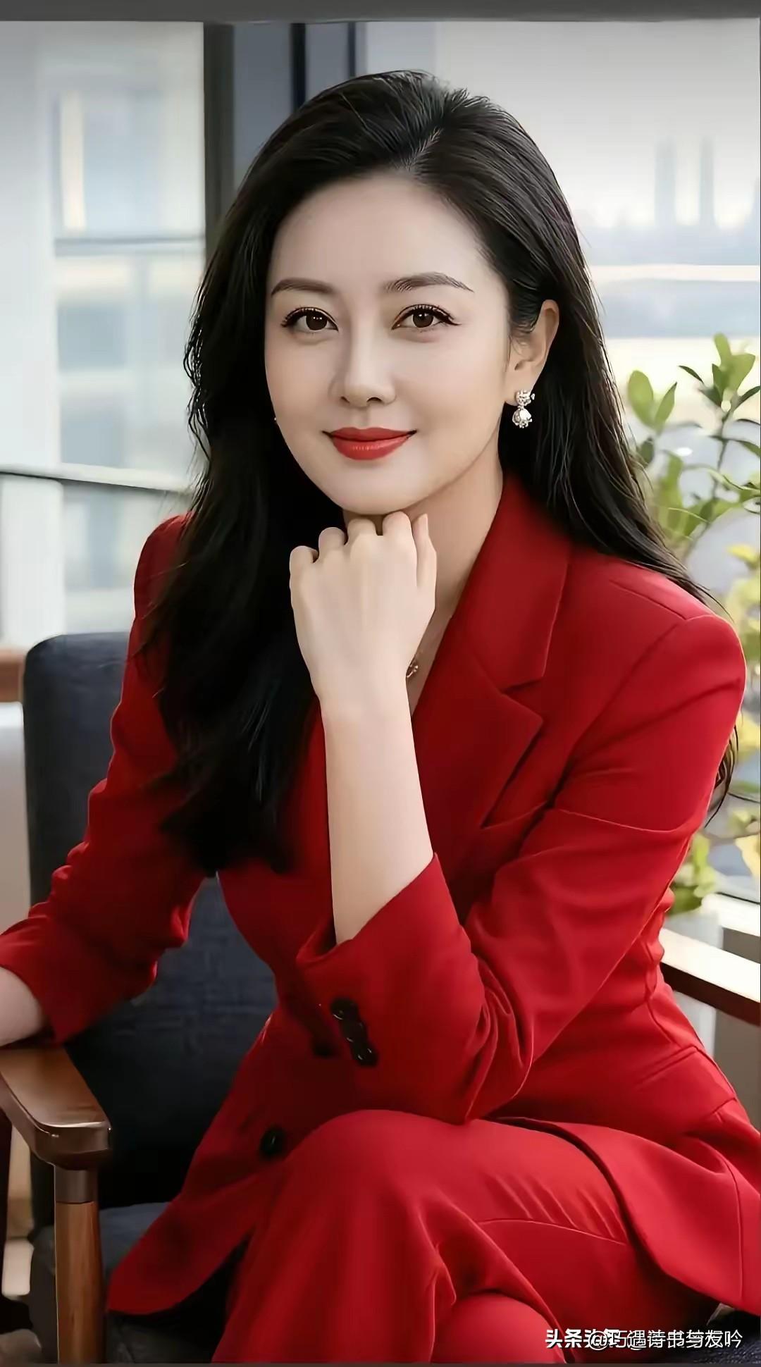 美女身着一袭正红色西装，那红衣似燃烧的火焰，一眼望去便摄人心魄。她斜靠在木扶手椅