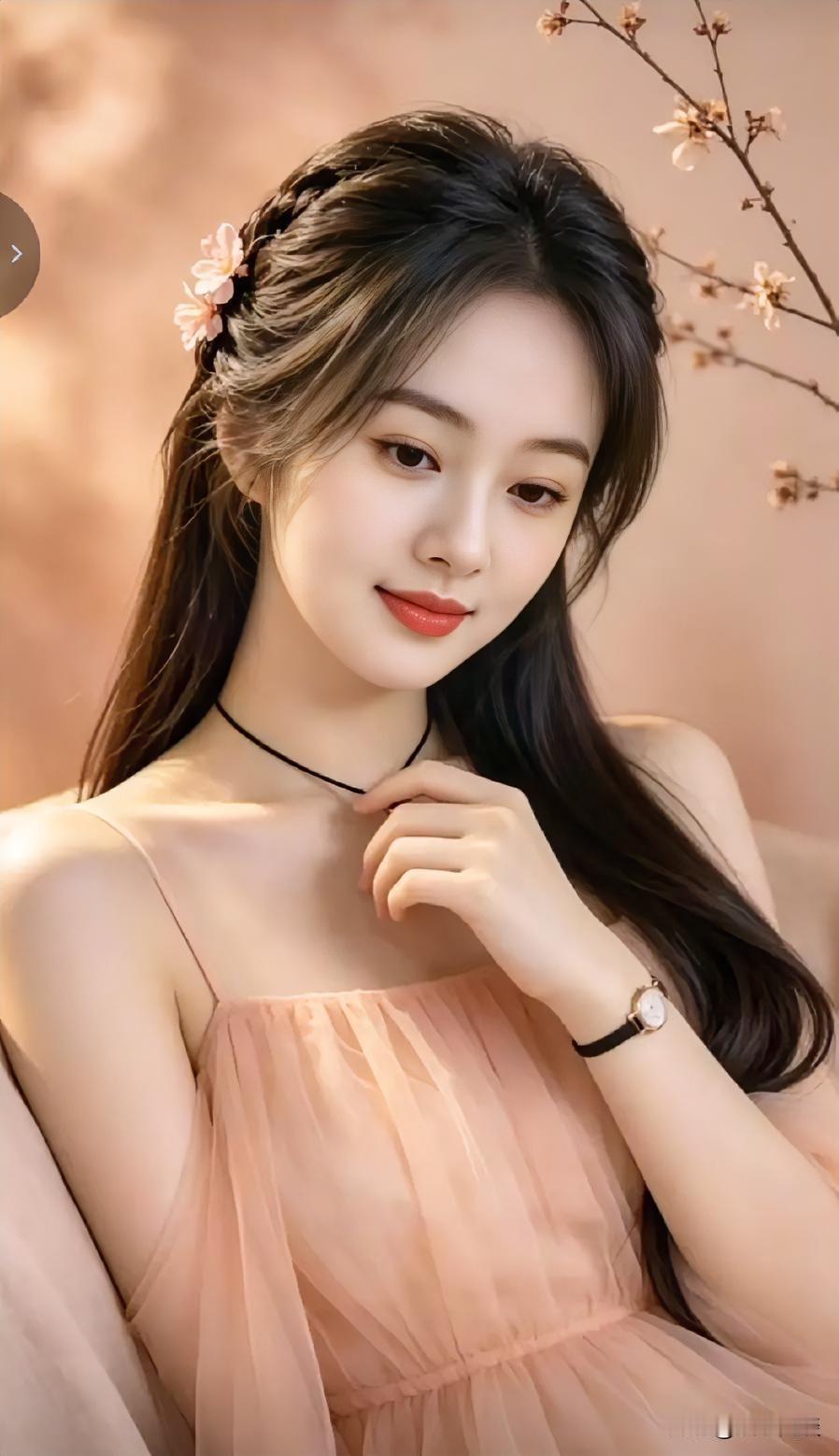 温柔少女，粉色裙摆，花枝点缀，甜美可人