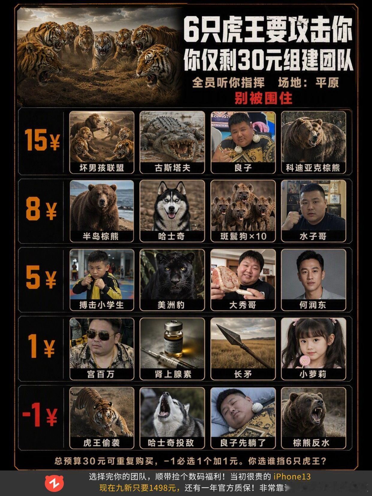 6 只虎王要围攻你，30 元你会怎么选择。荒野乱斗 猛虎 生存挑战 选择 良子 