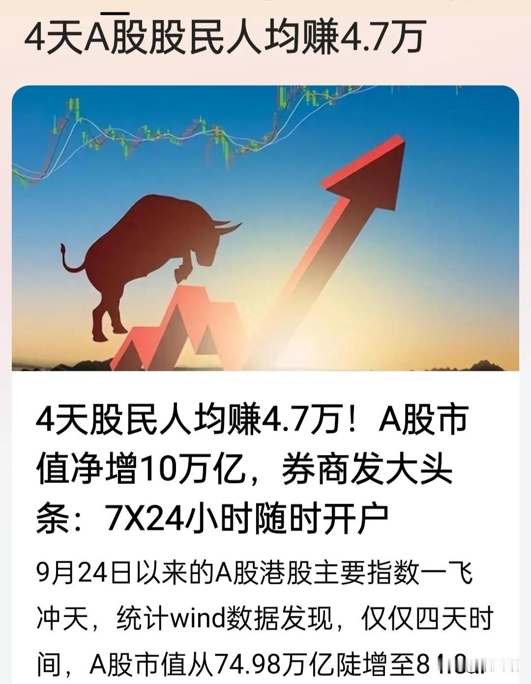 看来牛市真的来了，这四天您回本了吗？股民:强烈要求国庆长假别休市。

附:四天A
