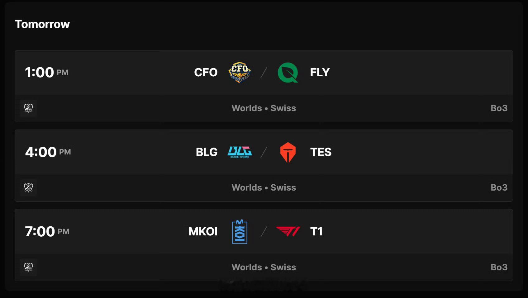 明日赛程：下午1点 CFO vs FLY下午4点 BLG vs TES下午7点 