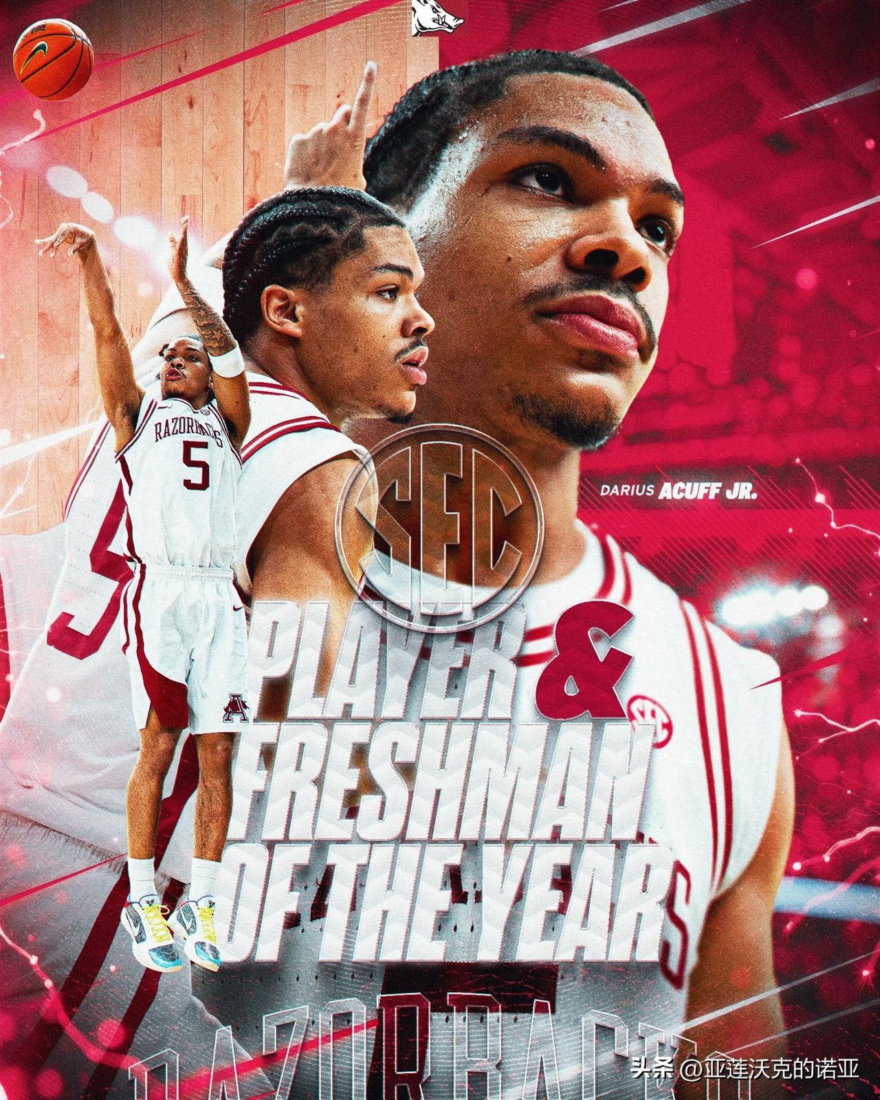 阿肯色控卫Darius Acuff Jr包揽SEC联盟年度最佳球员和最佳新人，S