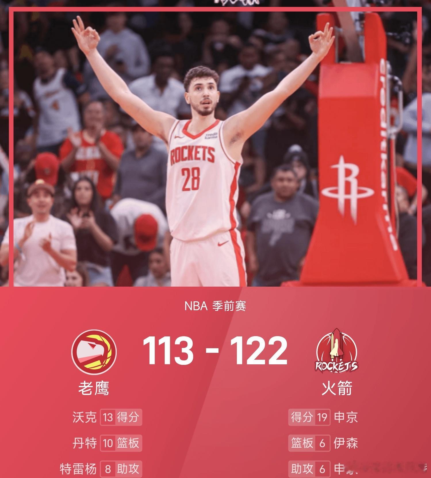 老鹰vs火箭 25/26赛季NBA 季前赛，火箭对阵老鹰。双方全场战罢，火箭12