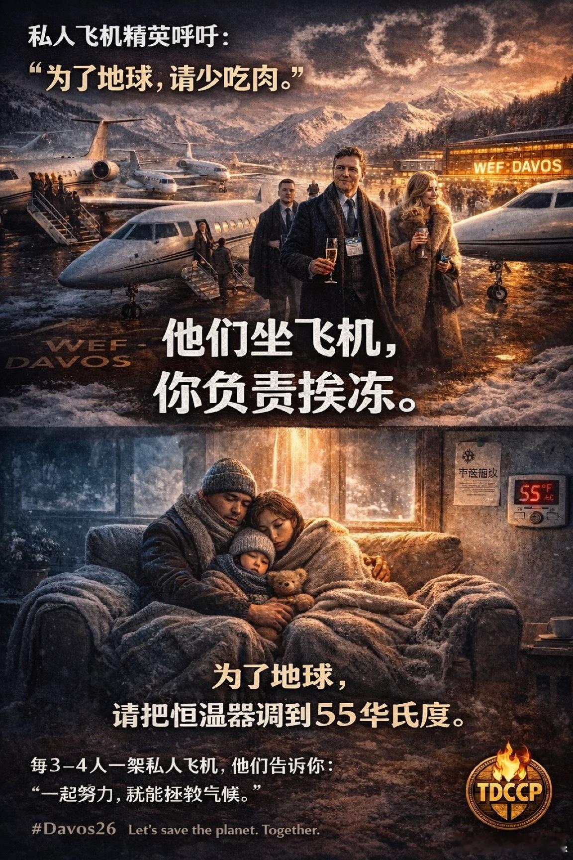 全球主義精英乘著最奢華的私人大飛機前往達沃斯發表7分鐘演講，卻呼籲大家今年冬天將
