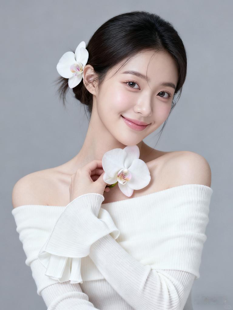 少女白衣一字肩半侧前倾，柔眸带笑，白兰花饰发亦持颈间，柔光正面打亮自然妆容，兰香