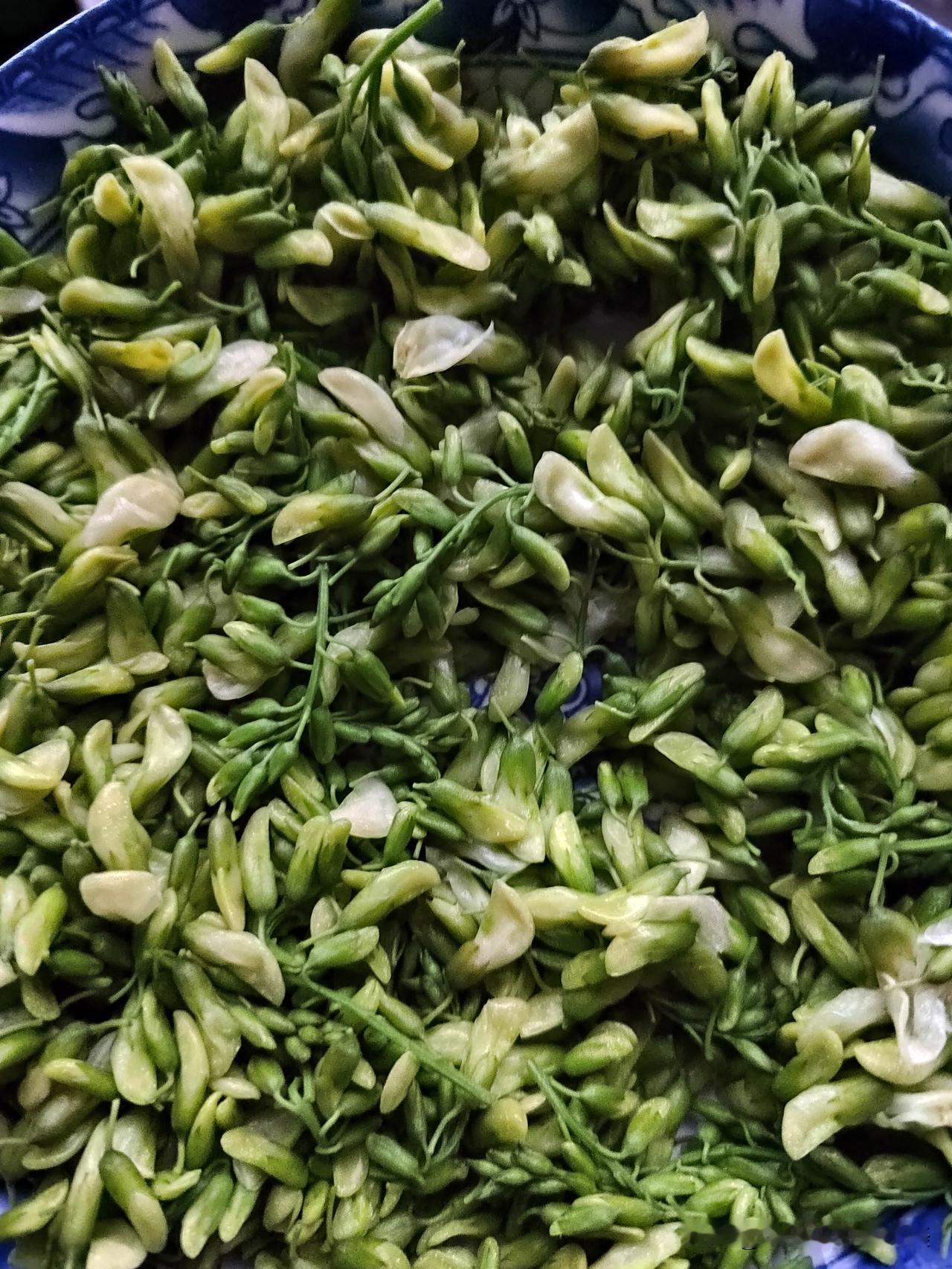 昨晚、晚饭没吃今早被饿醒了！起来后抓紧做个早餐。
槐花焯水炒鸡蛋、青菜西红柿面，