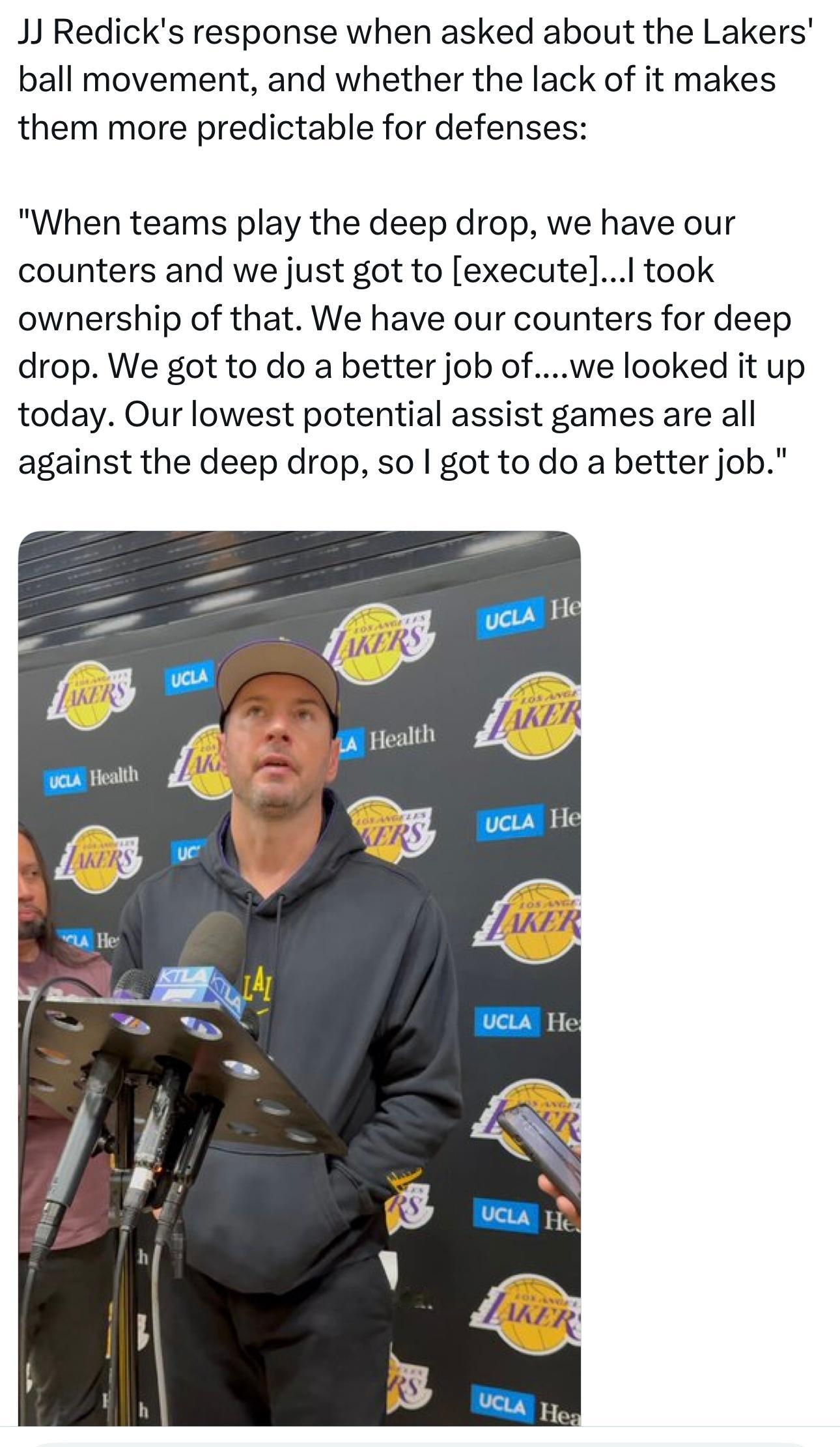 当被问及球的运转情况，以及运转不畅是否会让他们在防守端更易被预判时，雷迪克回应道