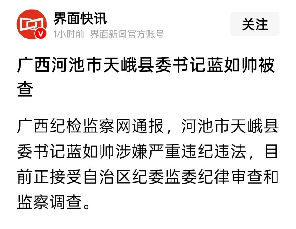 广西河池天峨县蓝如帅被查 