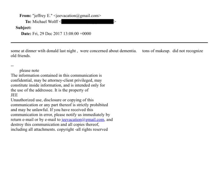 爱泼斯坦在 2017 年 12 月给迈克尔·沃尔夫的一封电子邮件中写道：昨晚与唐