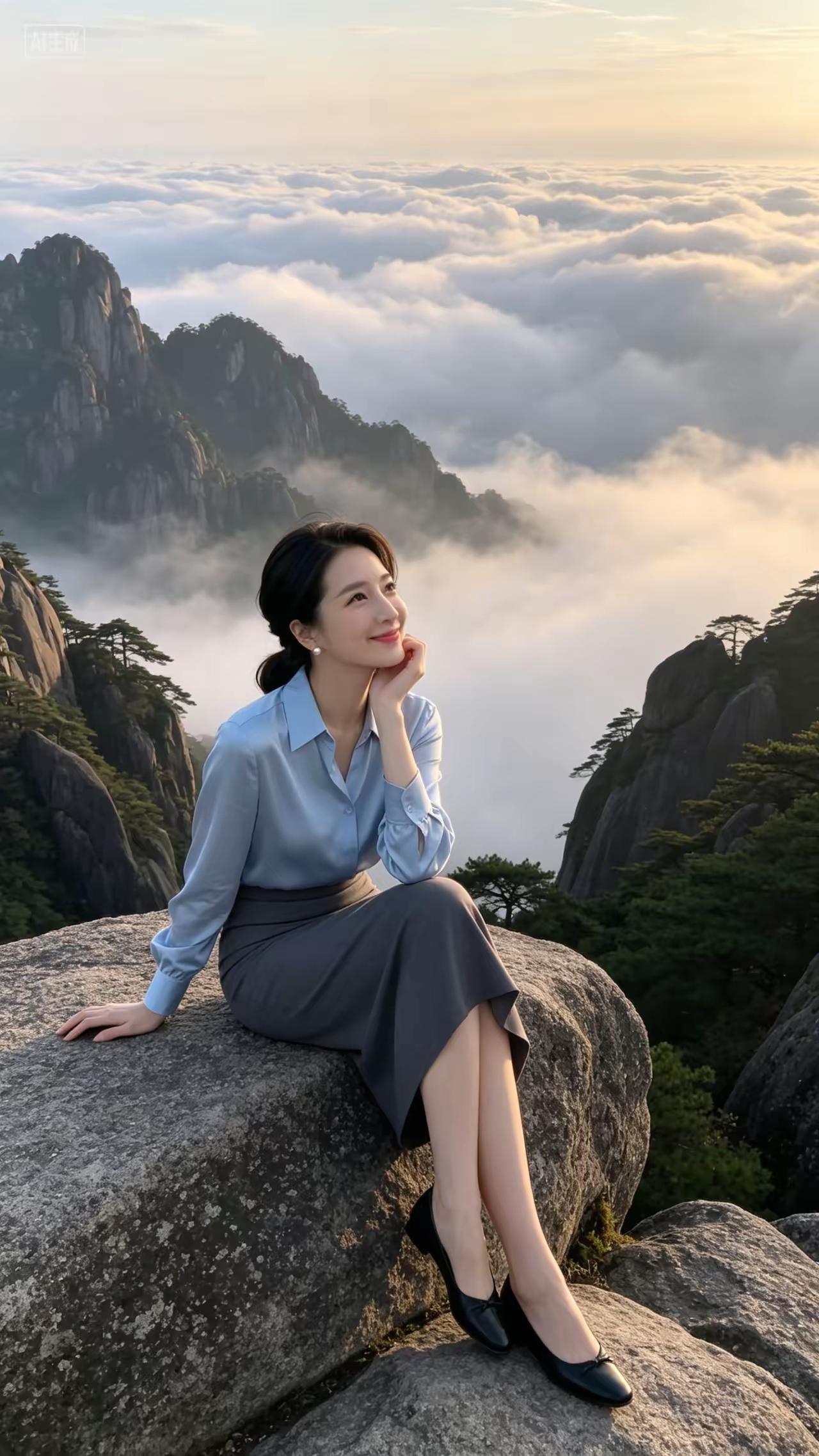 云海之上，静坐山巅，悠然自得。