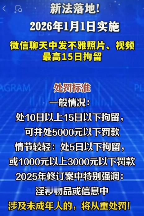 看到别人发的，说微信聊天中发不雅照片和视频，或被治安处罚？还说是2026年1月1