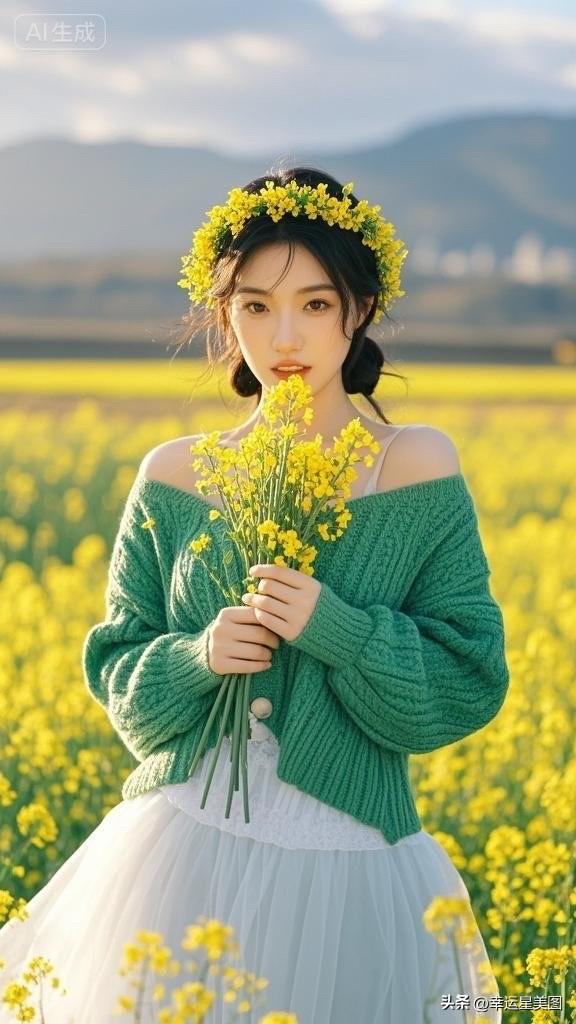 春日花海中的少女，手捧一束野花，清新自然，美不胜收。