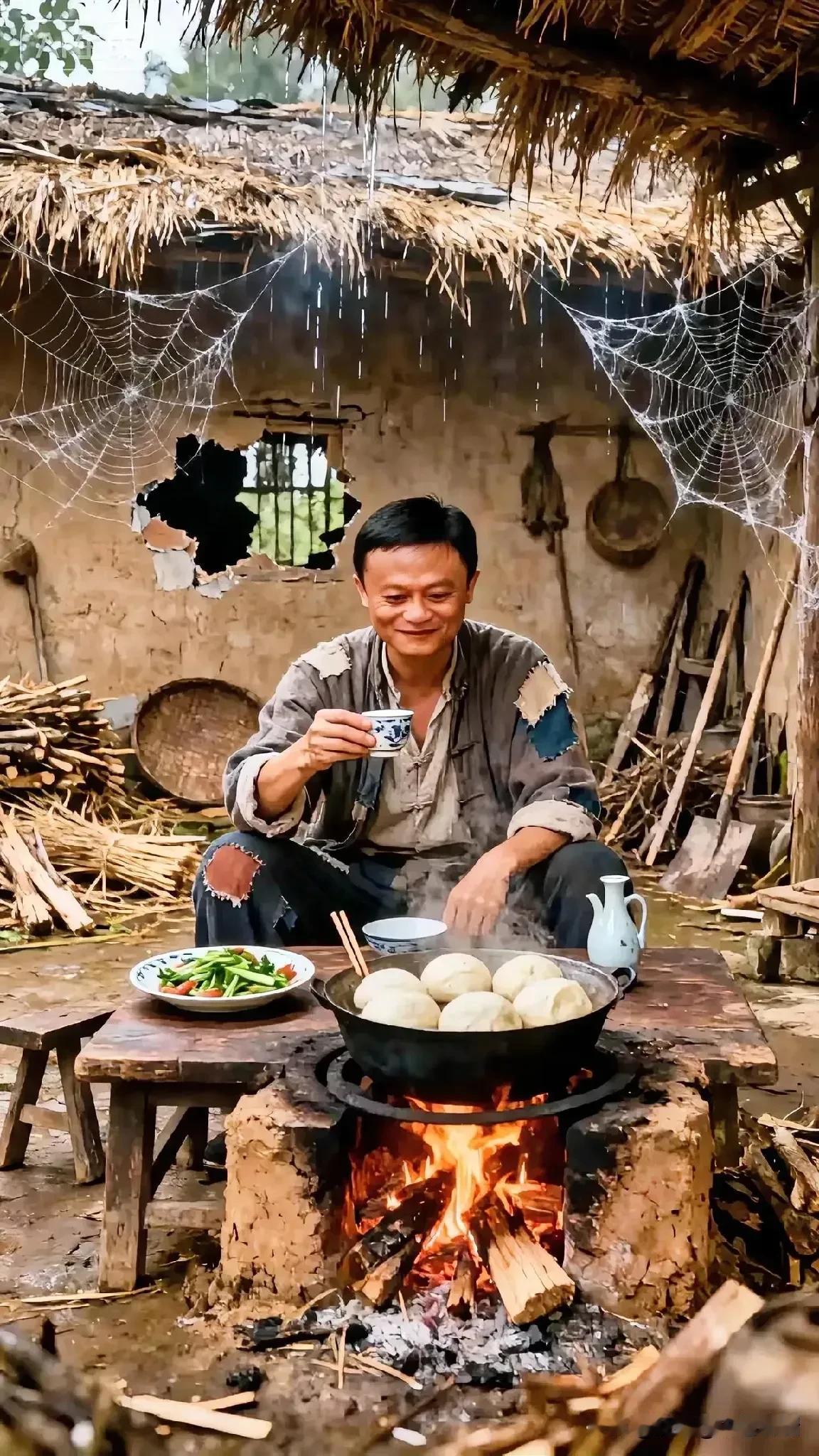 马云身着破旧衣衫，于农家乐悠然品茶、静享馒头，体验着别具一格的生活。然而当下，实