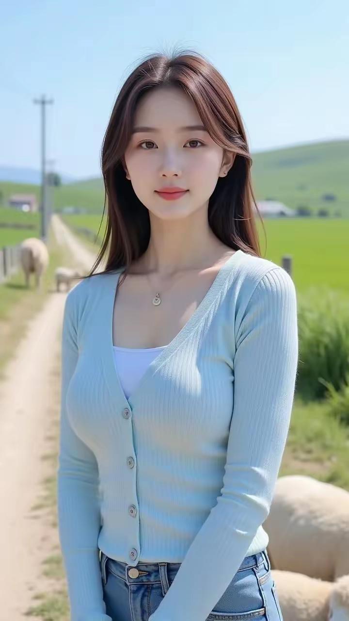 田园牧歌般的清新女孩，与羊群共舞的美好时光。