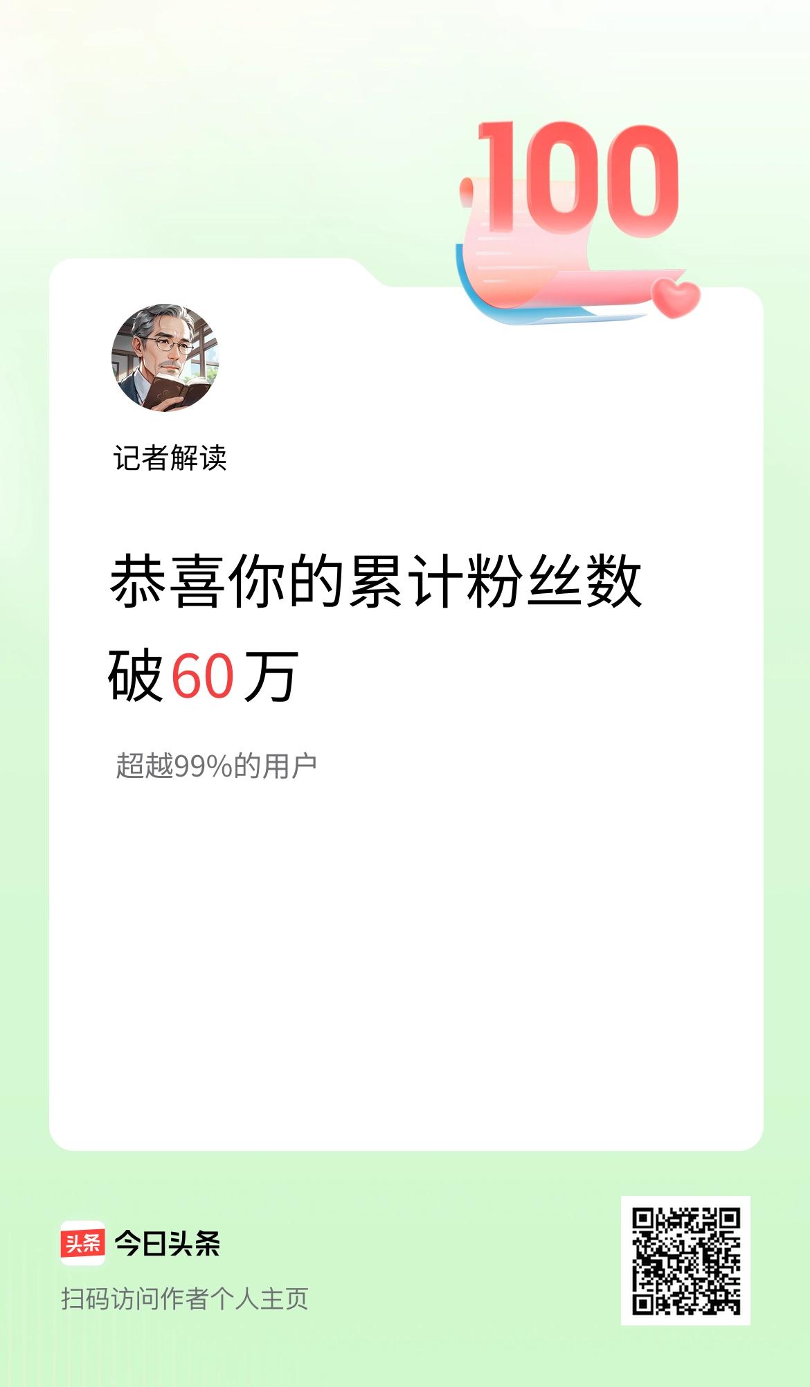 我在头条累计粉丝数破60万啦！