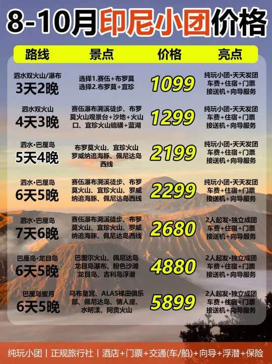 最新8-10月印尼纯玩拼车小团价格一人🉑拼