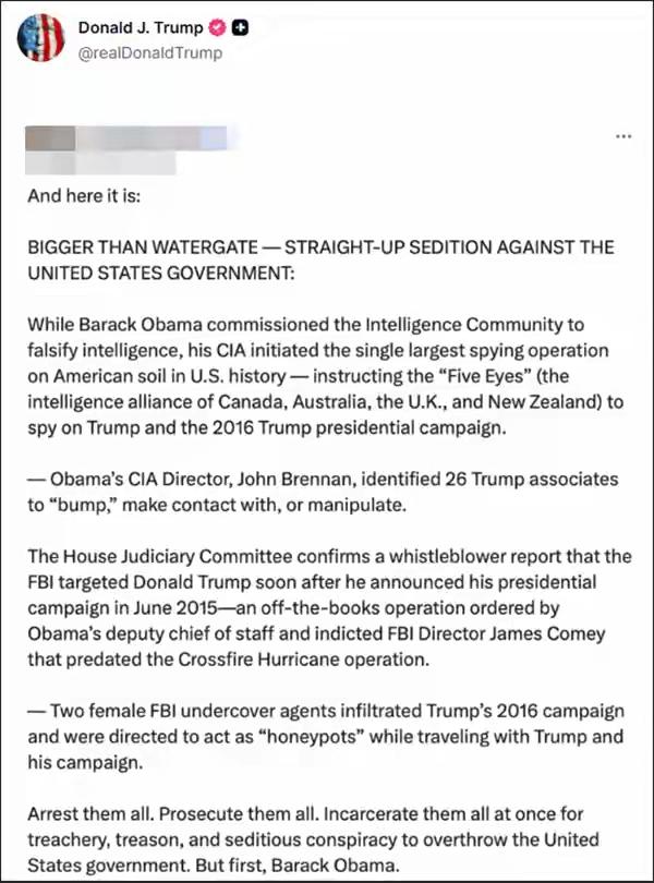 疯了！特朗普公开喊话：起诉监禁奥巴马！美国政坛彻底撕破脸？
 
美国政坛这波操作