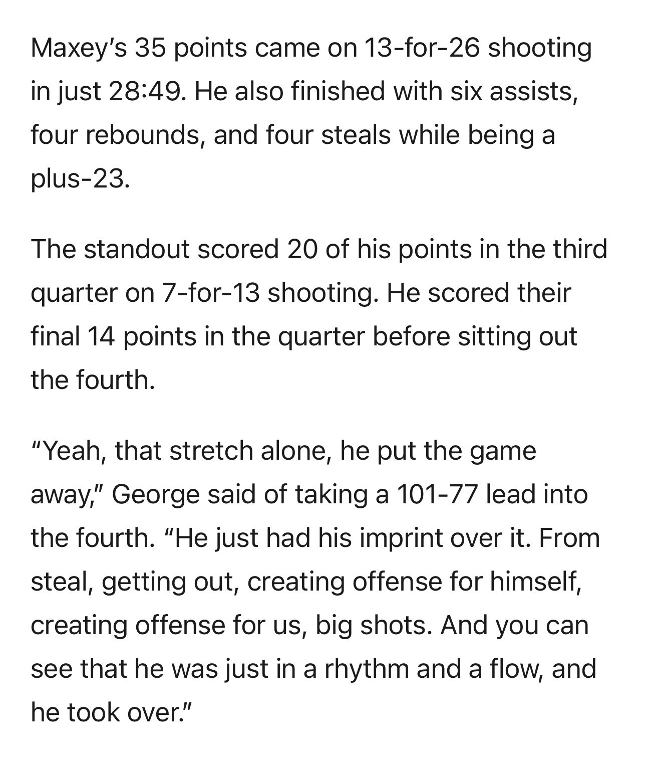 今日对阵奇才队的比赛，泰雷斯·马克西仅用28分49秒就砍下35分，26投13中。