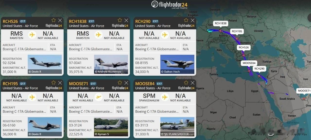 目前至少有七架美国空军C-17A运输机正在往返于美国在欧洲和中东的基地之间。
