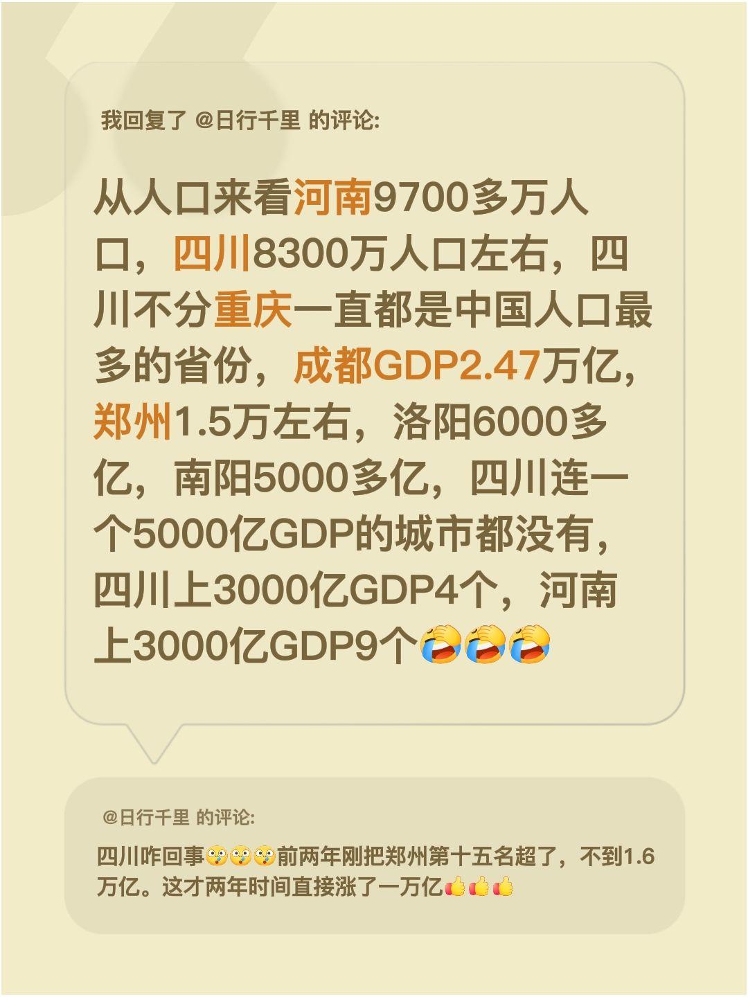 我回复了@日行千里 的评论：
刚好整理了一组数据：河南人口9700多万，四川大概