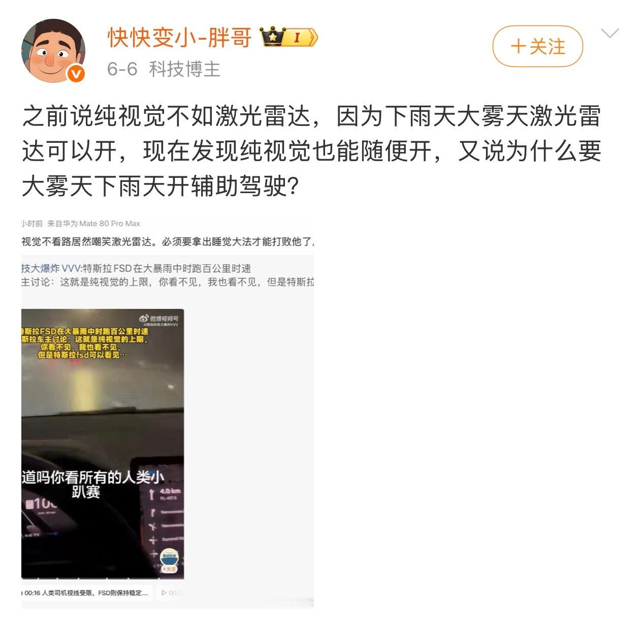 强烈不建议任何纯视觉的车型在暴雨天开启辅助驾驶，别吹牛逼，真出事了你就高兴了。有